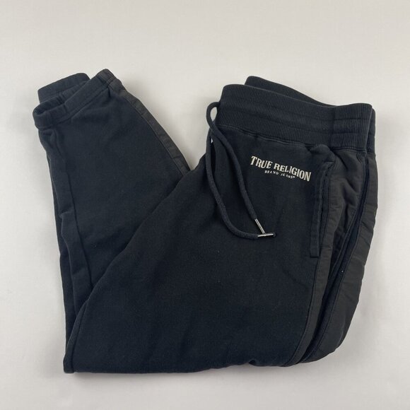 True Religion Sweatpants Joggers Women’s M Black Cropped Drawstrings - Picture 1 of 10